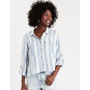 American Eagle Linen Striped Button Front High Low Shirt Size XL Blue White